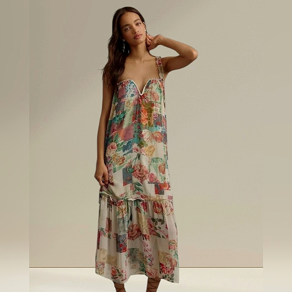 NWT By Anthropologie Floral Chiffon Shift Midi Dress Low Strappy Back Boho MD